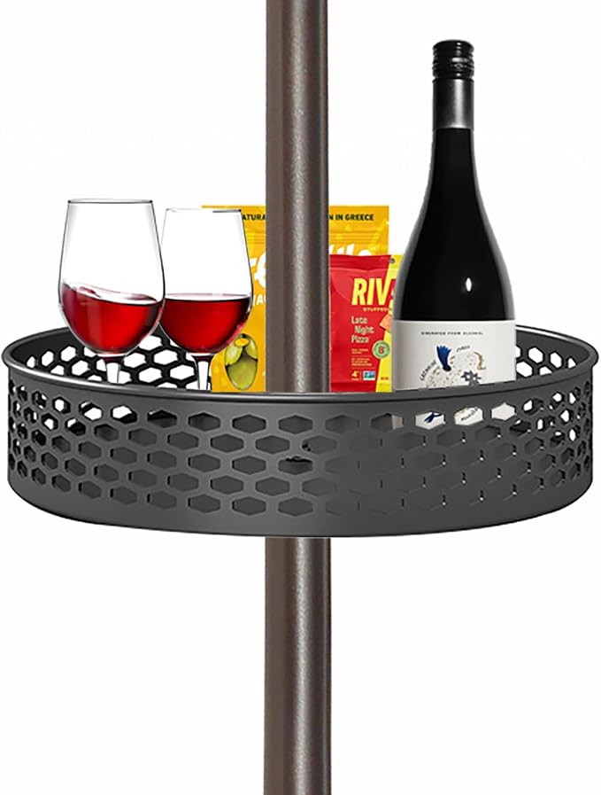 10'' Patio Umbrella Table Tray for Outdoor, Portable Round Table Tray with Umbrella Hole for Beach Patio Garden Pool Umbrella, Hollow Diamond Shape, Black
