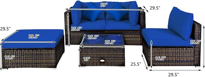 HAPPYGRILL 5 Pieces Patio Conversation Set, Outdoor Rattan Wicker Furniture Set, Sectional Sofa Ottoman Set with Coffee Table, Cushion, Pillow for Garden Lawn Balcony Backyard