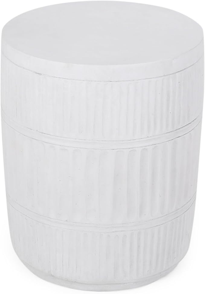 Outdoor Side Table 15" Cylindrical Shape Lightweight Concrete-Look Outdoor Indoor Accent Table Decorative Garden Stools, for Patio Porch Living Room, White