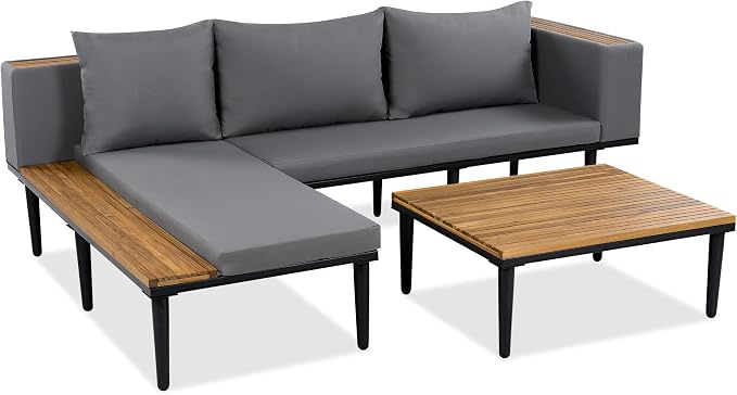 Luxury Patio Furniture Set with Removable Cushions and Coffee Table, L-Shaped Acacia Wood Sofa with Side Table, Outdoor Conversation Sectional Sofa for Backyard,Porch (Gray#51)