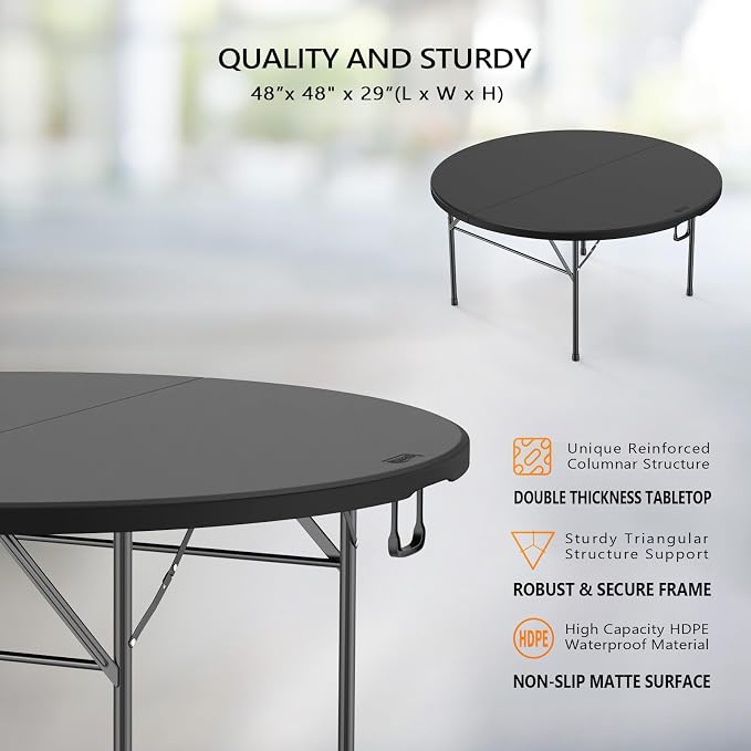 VINGLI 5 FT Black Round Bi-Folding Commercial Table, 60 inch Portable Plastic Dining Card Table for Kitchen Party Wedding Event, 2-Pack