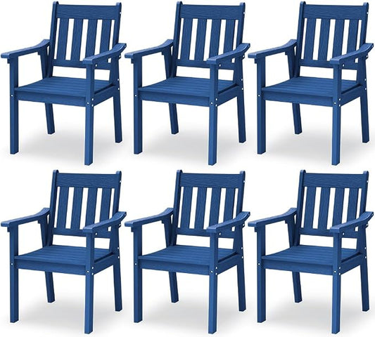 YEFU Patio Dining Chairs Set of 6: All Weather Outdoor Dining Chairs with Wide Curved Seat and Backrest - Outdoor Furniture Plastic for Outside Backyard/Garden/Porch/Deck 350lbs Capacity Blue