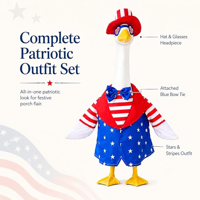 4th of July Porch Goose Outfits for 23 Inch Goose Statue, Patriotic Uncle Sam Goose Costume with Hat Glasses and Bow Tie, Red White Blue Goose Clothes for Independence Day Garden Patio Decor