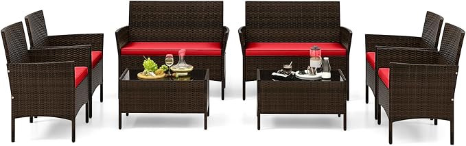 Tangkula 8 Piece Patio Rattan Conversation Set, Outdoor Wicker Furniture Set with Chair, Loveseat & Tempered Glass Table, Cozy Seat Cushions, Outside Sectional Sofa Set for Backyard, Porch (2, Red)