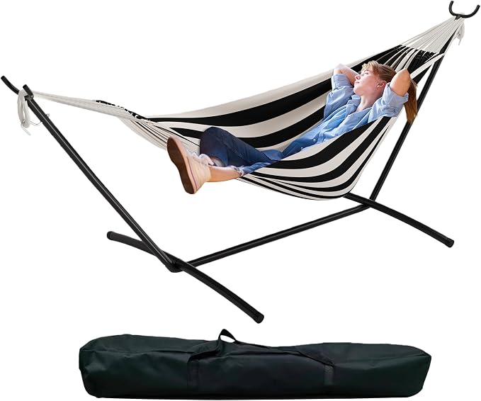 GarveeHome Double Hammock with Stand - Heavy Duty 450lbs Capacity, Portable Cotton Hammock for Two Adults, Indoor & Outdoor Use with Travel Bag, Black&White Stripe Pattern