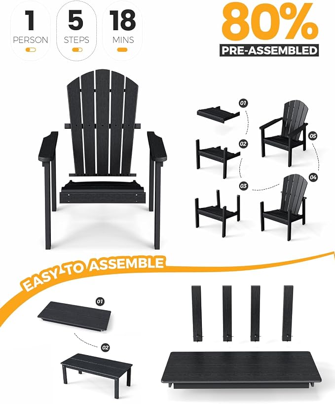 nevilywood 5-Piece HDPE Adirondack Chair Set, 4 Stackable Chairs Coffee Table, All-Weather Wood Grain, Patio Garden Backyard,Black