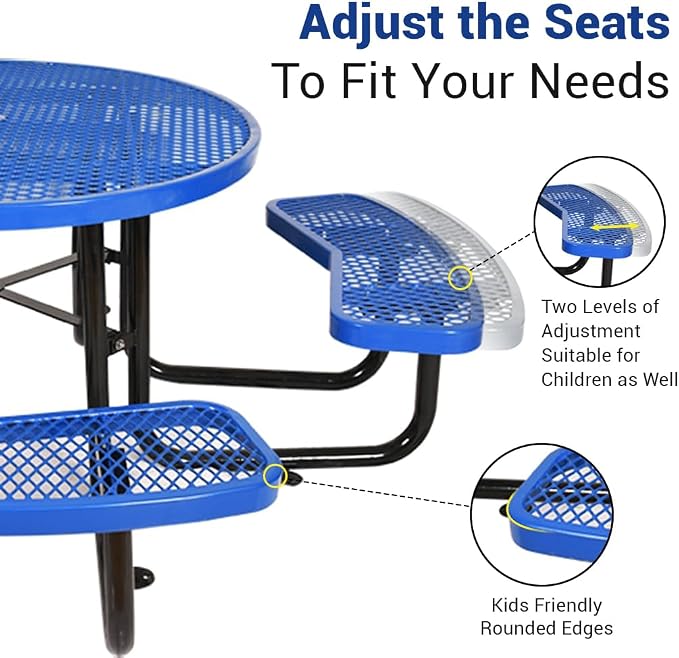 46" Thermoplastic Picnic Table with Umbrella Hole up to 1.5", Heavy Duty Commercial Picnic Table for Outdoor, Family & Party Ready for School Camping, Round, Blue