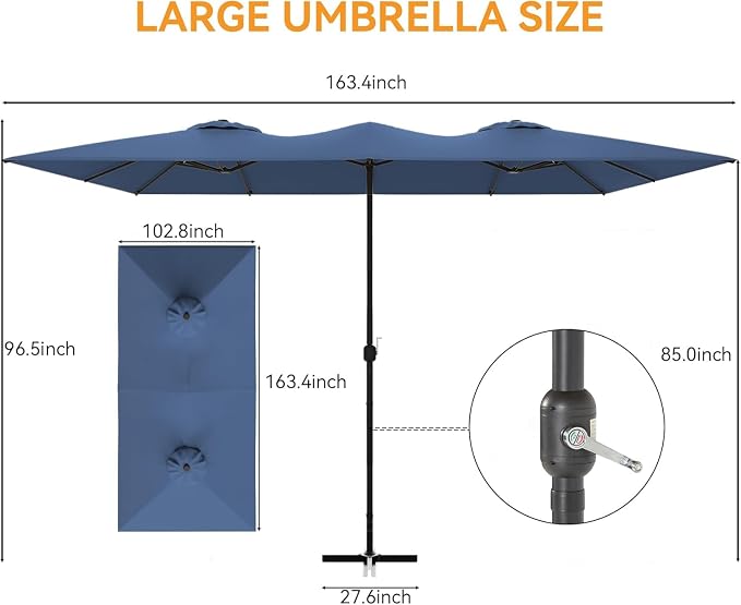 8 PCS Outdoor Patio Dining Set with 13.6ft Double-Sided Patio Umbrella,Patio Table and Chairs Metal Outdoor Patio Furniture Set,Dining Table Set with 6 Chairs,Navy Blue