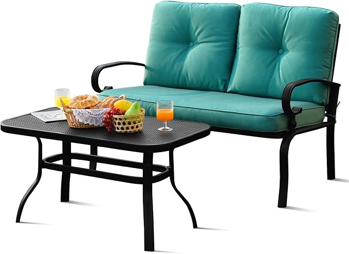Tangkula Patio Loveseat with Table Set, 2 Seat Cushioned Sofa with Coffee Table, Patio Conversation Sofa Set with Rustproof Frame, 2 Pieces Outdoor Furniture Set for Garden, Poolside (Turquoise)