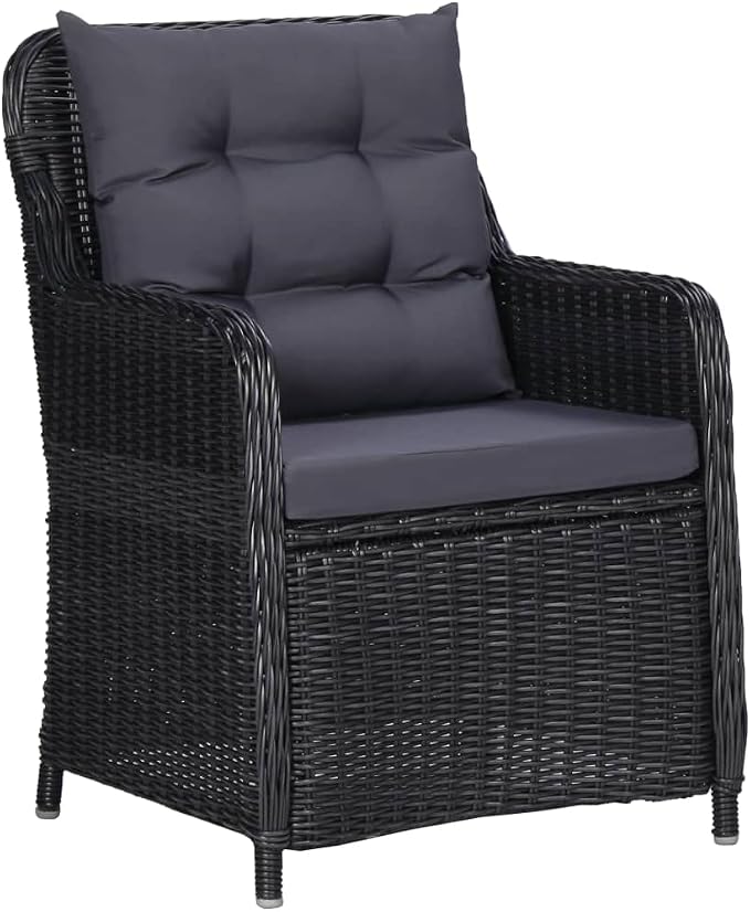 7-Piece Outdoor Dining Set 78.7" Rectangular Acacia Wood Table with Black Poly Rattan Chairs Powder-Coated Steel Frame Weather-Ready Cushions Patio Furniture for Garden Backyard Terrace
