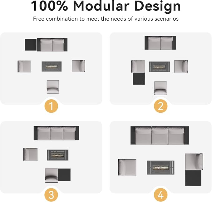 Aoxun Outdoor Patio Furniture Set with 44'' Fire Pit Table, 7 Pcs Outdoor Sectional with 4in Thicken Cushion, Widen Armrests Wicker for Backyard, Grey