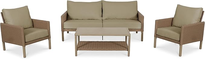 4-Piece Wicker Patio Furniture Set, Outdoor Conversation Set with Coffee Table and Removable Thickened Cushions, Modern Sectional Sofa for Backyard, Garden & Lawn, Beige