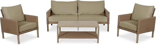 4-Piece Wicker Patio Furniture Set, Outdoor Conversation Set with Coffee Table and Removable Thickened Cushions, Modern Sectional Sofa for Backyard, Garden & Lawn, Beige