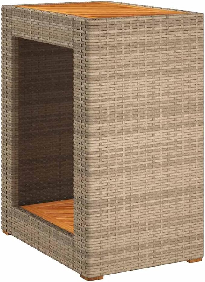 vidaXL Patio Side Table with Wooden Top, Exterior Tea Table with Storage, Rectangular Coffee Table for Garden Backyard, Modern, Beige Poly Rattan