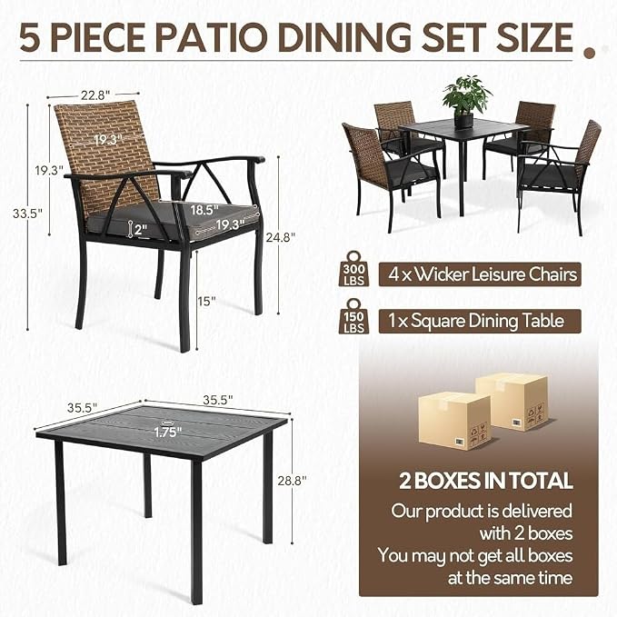 5-Piece Patio Dining Set for 4, Outdoor Dining Set with 4 Wicker Patio Dining Chairs with Cushions & 1 Black Square Woodgrain Dining Table with 1.75" Market Umbrella Hole, Black & Brown