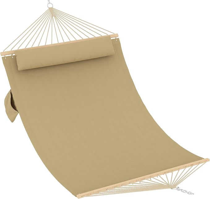 Double Quilted Hammock with Spreader Bar, 12FT, Detachable Pillow, 2-Person | cotton-polyester blend, UV-resistant, quick-dry, 450lbs, for patio/backyard/poolside, Brown-Yellow