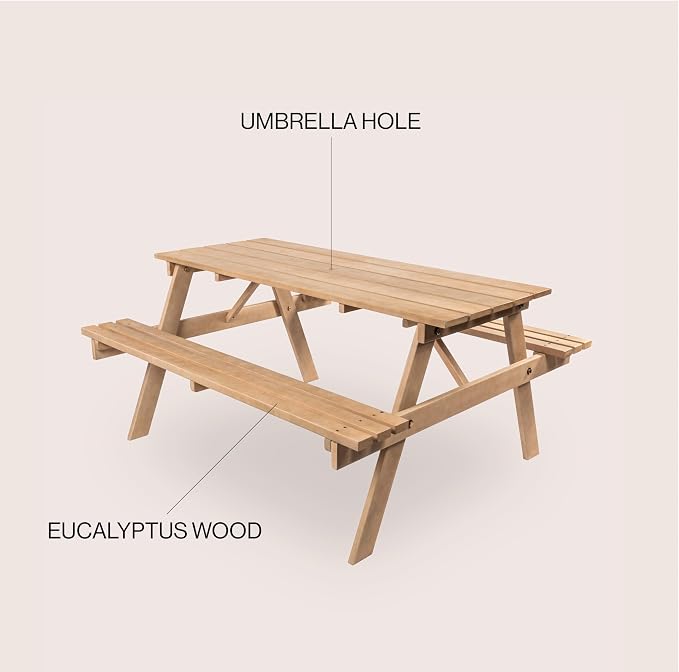 JONATHAN Y Shoreham 55.18" Eucalyptus Wood Outdoor Picnic Table with Benches for Patio, Rectangular Dining Set with 2" Umbrella Hole, Heavy Duty 700 lbs Capacity, Light Teak BNH200B-NEW