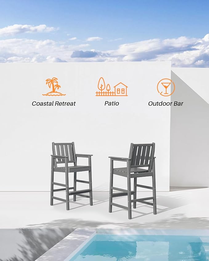 5-Piece HDPE Patio Bar Set, Rectangular Bar Height Table and 4 Adirondack Bar Chairs, Weatherproof Outdoor Bar Stools Set, Outdoor Bar Table and Chairs Set for Deck, Balcony, Pool, Smoke Gray