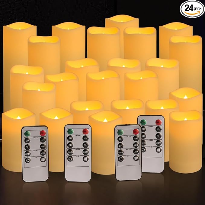 YOROXRG Set of 24 Waterproof Outdoor Flameless Candles, LED Candles with 4 Remote and Timer,(H 4" 5" 6" x D 2.2"),for Christmas,Halloween,Wedding,Festival