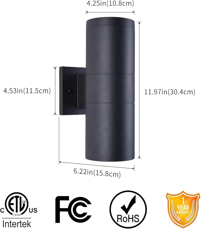 mirrea Modern Outdoor Porch Light Patio Light in 2 Lights with Matte Black Aluminum Cylinder and Tempered Glass Cover Waterproof Wall Sconce 6 Pack | Patio Light, Aluminum Cylinder, Tempered Glass Cover, Waterproof Wall Sconce