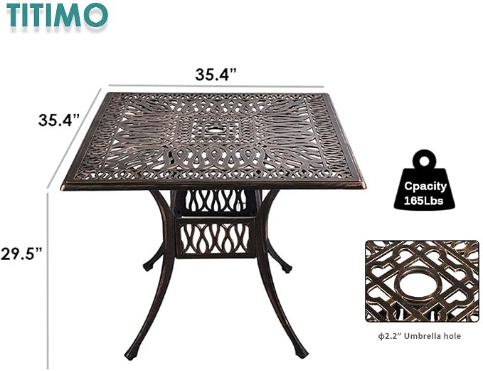 TITIMO 35.4" Outdoor Patio Bistro Dining Square Table Weather Resistant Cast Aluminum Conversation Table with 2.2" Umbrella Hole for Backyard, Garden, Poolside, Balcony(Retro)
