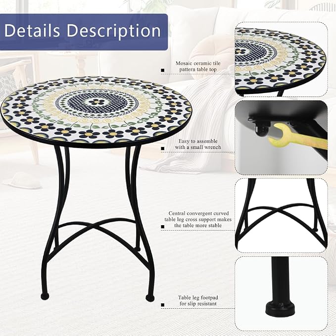24 Inch Mosaic Patio Round Side Table with X-Curved Legs Indoor and Outdoor Accent End Table for Yard, Garden, Living Room, Bistro, B - Black Floral