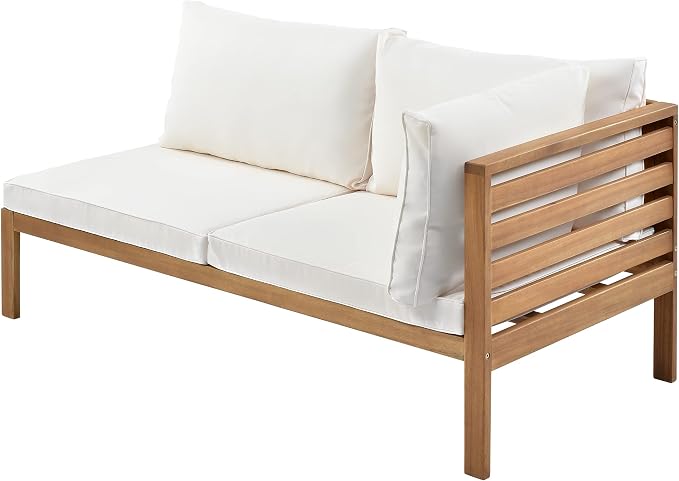 L-Shaped Wood Structure Patio Outdoor Sofa Set with Coffee Table and Cushion, Water Resistant Acacia Wood Sofa for Patio, Lawn, Yard, Pool or Backyard, Beige Cushion