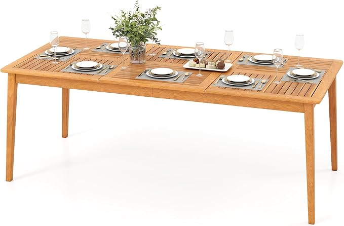 RELAX4LIFE Wooden Outdoor Dining Table for 8, 80" Rectangular Acacia Wood Slatted Patio Table w/Umbrella Hole, Indoor Outdoor Bistro Table for Backyard Porch Garden Deck, 8-Person Patio Dining Table
