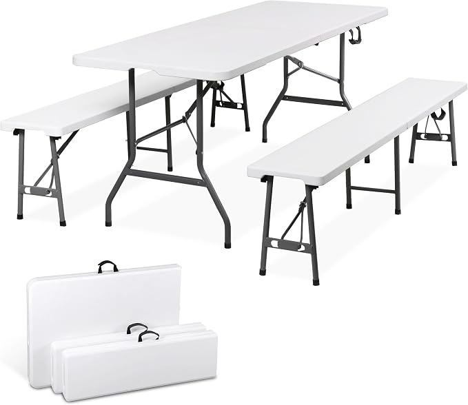 SUPER DEAL Folding Table Set with 2 Benches, 6 FT Camping Picnic Table Set, Outdoor Indoor Portable Furniture for Working Meeting Wedding Party w/Handle and Safety Lock, White