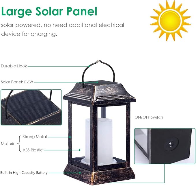 TomCare Flickering Flame Solar Lights Outdoor Metal Hanging Lantern, 2 Pack | Realistic Flame Effect, Charges in 6-8 Hours, 10-12-Hour Runtime, IP65 Waterproof, Auto On/Off for Patio, Garden and Porch