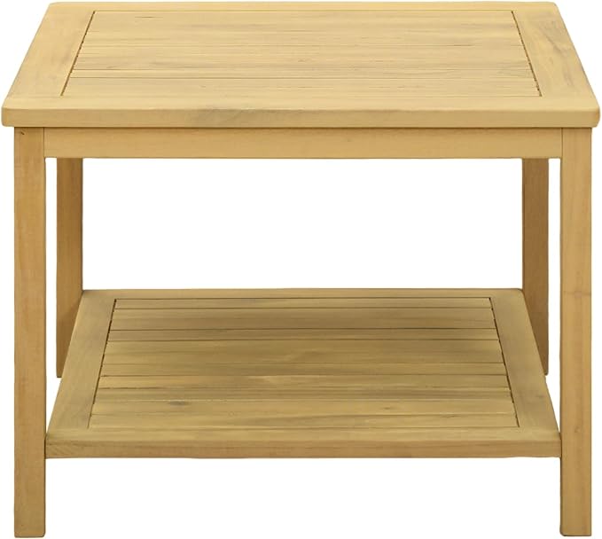 Solid Acacia Wood Side Table, 23.6 x 23.6 x 17.7 Inch End Table with Storage Shelf for Patio Garden Living Room, Indoor Outdoor Accent Table