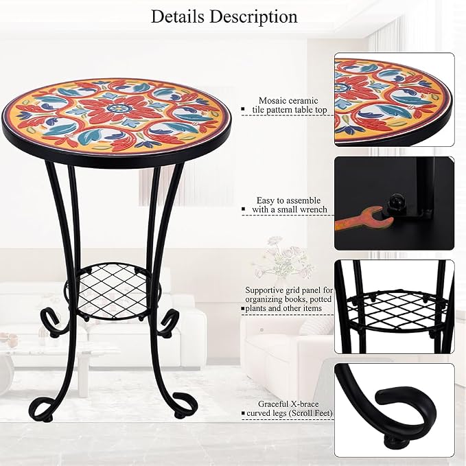 14 Inch Mosaic Patio Side Table with Scroll Legs, Indoor Outdoor Accent Round End Table with Ceramic Tile Tops for Yard, Garden, Living Room, Bistro, B - Mediterranean Floral Pattern