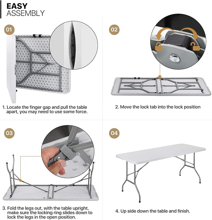 MoNiBloom 6Ft Folding Table, Heavy Duty Portable Plastic Dining Tables Fold in Half Indoor Outdoor Desk w/Handle, Lock for Camping Picnic Party, White