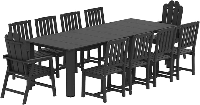 11 Piece Outdoor Dining Set for 10, Patio Table, Chairs Set, Black | 89.4” table,10 person HDPE outdoor dining set, 304 stainless steel, weather resistant up to 10 years for large gatherings