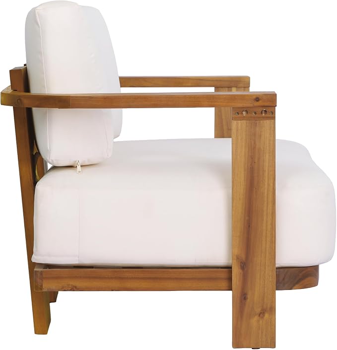 Christopher Knight Home Stella Acacia Wood 4 Piece Patio Furniture Set, Wooden Patio Conversation Set with Club Chair+Coffee Table, 4-Seater Outdoor Loveseat Sofa + Armchair and Table Set, Teak+Beige