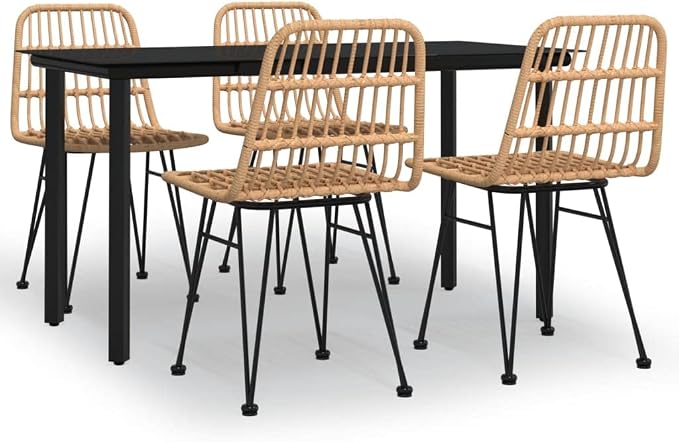 5 Piece Patio Dining Set Poly Rattan Outdoor Rattan Dining Table and Chairs for 4, Weather Resistant PE Wicker Patio Furniture Set with Tempered Glass Tabletop and Comfortable Porch Deck Black