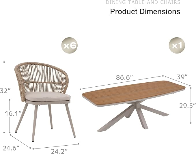 SUNSITT 7 Piece Outdoor Patio Dining Set, Patio Dining Furniture Set with 87” Aluminum Dining Table w/X Base Legs and 6 Woven Wicker Outdoor Patio Chairs w/Removable Cushions for Garden, Beige