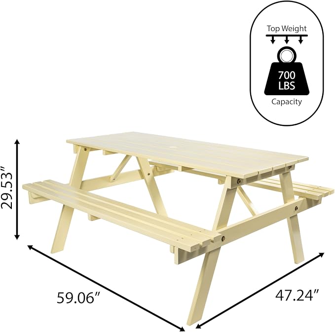 JONATHAN Y Shoreham 59" Eucalyptus Wood Outdoor Picnic Table with Benches for Patio, Rectangular Dining Set with 2" Umbrella Hole, Heavy Duty 700 lbs Capacity, Almond BNH200C