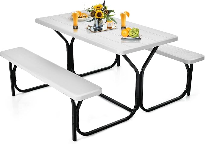 DORTALA Plastic Picnic Table for Outdoors, All Weather Faux Wood Patio Picnic Table Set with Benches for Outdoor, Cafeteria and Commercial, White