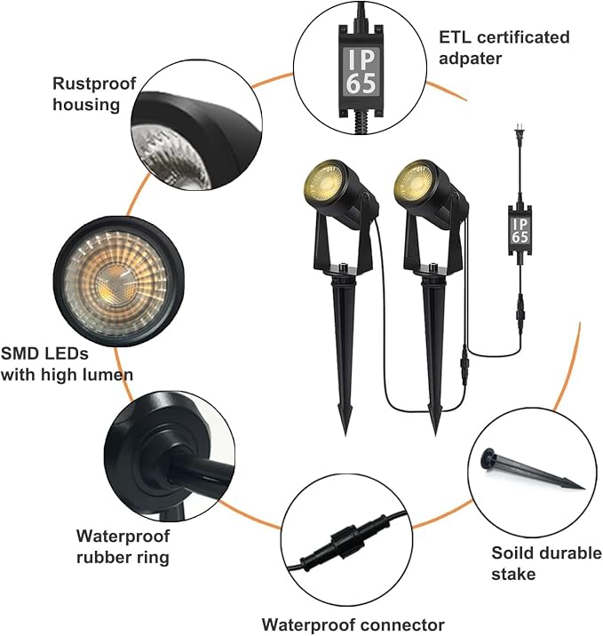 SUNTHIN Outdoor Landscape Lighting, 16 Pack LED Spot Lights Kit, Warm White | IP65 Waterproof, Extendable, Connects up to 20 lamp heads, for Garden, Yard, House, Lawn, Tree, Flags, Fence Use