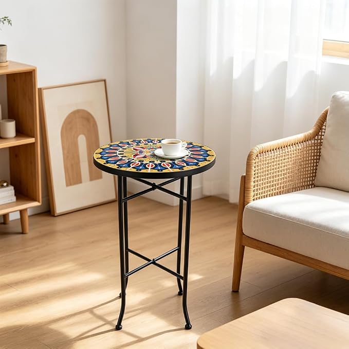 14 Inch Mosaic Patio Side Table with X-Straight Legs, Indoor Outdoor Accent Round End Table with Ceramic Tile Tops for Yard, Garden, Living Room, Bistro, A - Grand Mandala