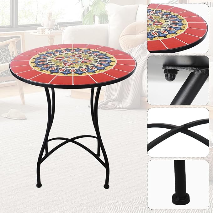 23.6" Outdoor Patio Mosaic Round Table Garden Bistro Accent Table | Ceramic Tile Waterptoof Side End Table Metal Frame Dining Table Furniture for Balcony Backyard Porch Poolside Terrace