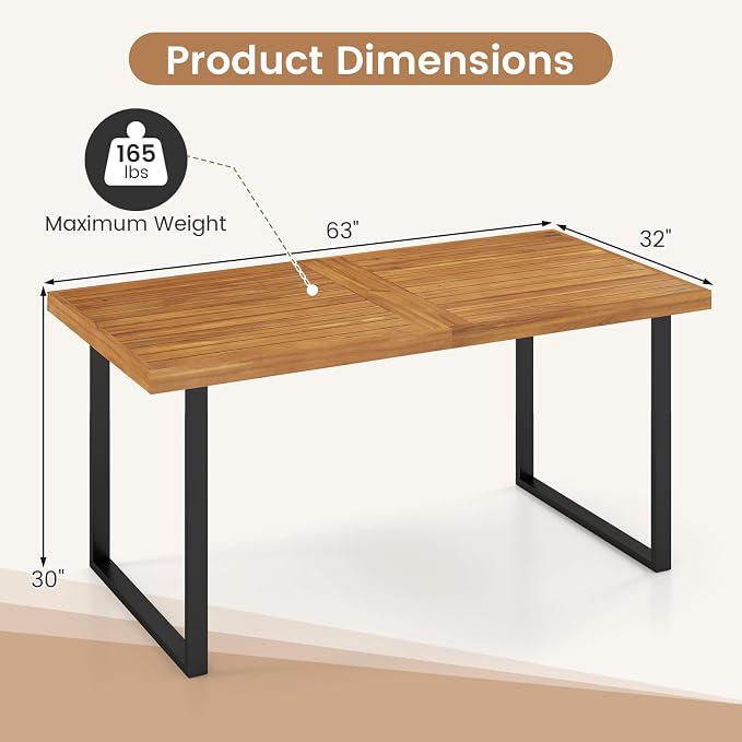 RELAX4LIFE Outdoor Dining Table for 6, 63’’ Rectangular Wooden Patio Table w/Umbrella Hole, Acacia Wood Tabletop & U-Shaped Metal Legs, Farmhouse Indoor Outdoor Use for Kitchen Garden Porch Backyard