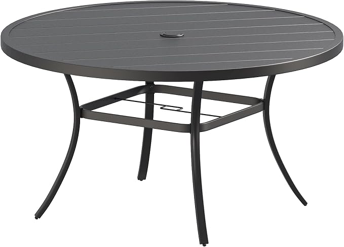 Patio Dining Table for 6-8, Round Metal Outdoor Table with 1.57" Umbrella Hole, 53" Outdoor Slat Tabletop Dining Table for Backyard, Porch, Lawn, Black