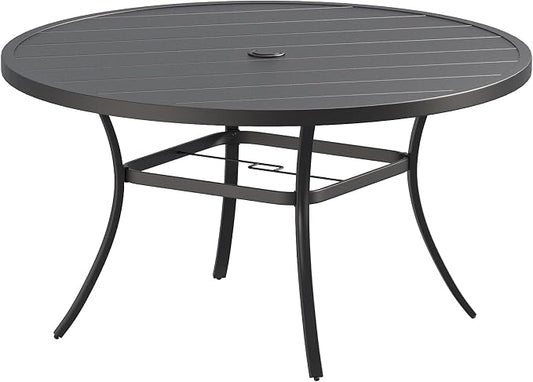 Patio Dining Table for 6-8, Round Metal Outdoor Table with 1.57" Umbrella Hole, 53" Outdoor Slat Tabletop Dining Table for Backyard, Porch, Lawn, Black