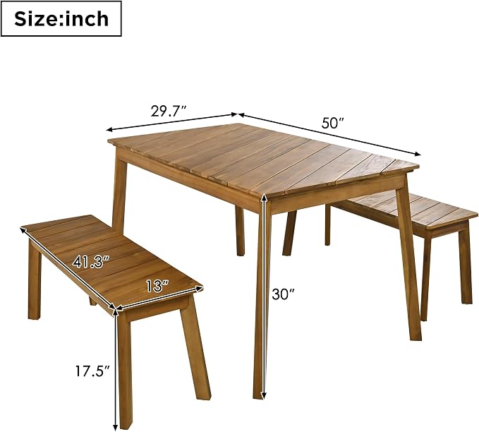 WILLIAMSPACE 50" Wood Patio Dining Set of 3, Modern Outdoor & Indoor Furniture with 2 Benches, 3 Pieces Picnic Beer Table for Patio, Porch, Garden, Poolside (Natural)