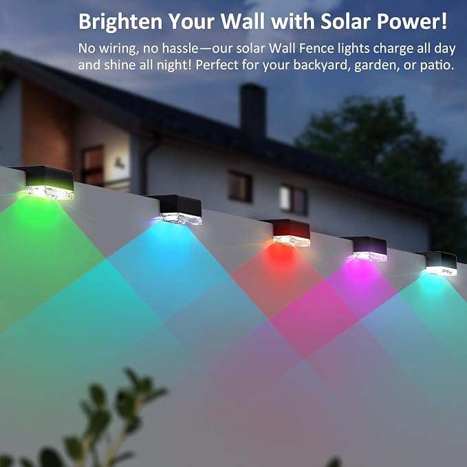 LIANGLOME 8PK Solar Fence Lights Outdoor - Warm White & RGB 6 Color, Dusk to Dawn Deck Light, IP65 Waterproof Garden Lights for Outside/Backyard/Railing/Step/Patio/Wall