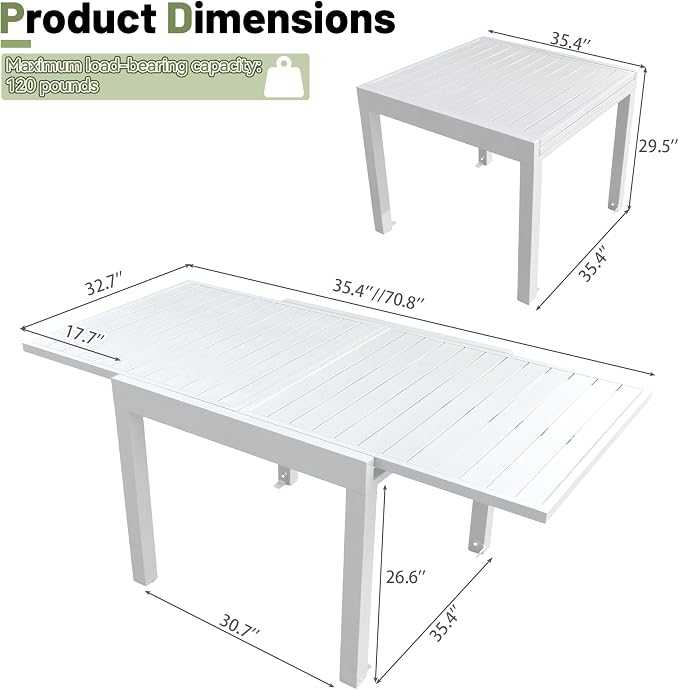 All Aluminum Expandable Patio Dining Table for 4-6 People, Extendable Outdoor Dining Room Table, All Weather Patio Furniture, Rectangular Metal Table with Adjustable Width 35"- 71", Ivory White