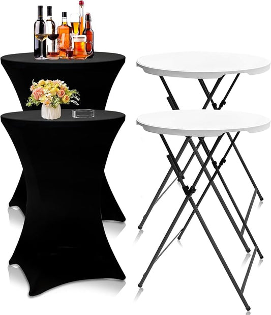 Camp Field 2 Packs Round Folding Cocktail Tables with Black Covers, 32 inch High Top Highboy Bar Height Tables, Portable Pub Bistro Furniture for Weddings, Parties, Events, Indoor Outdoor
