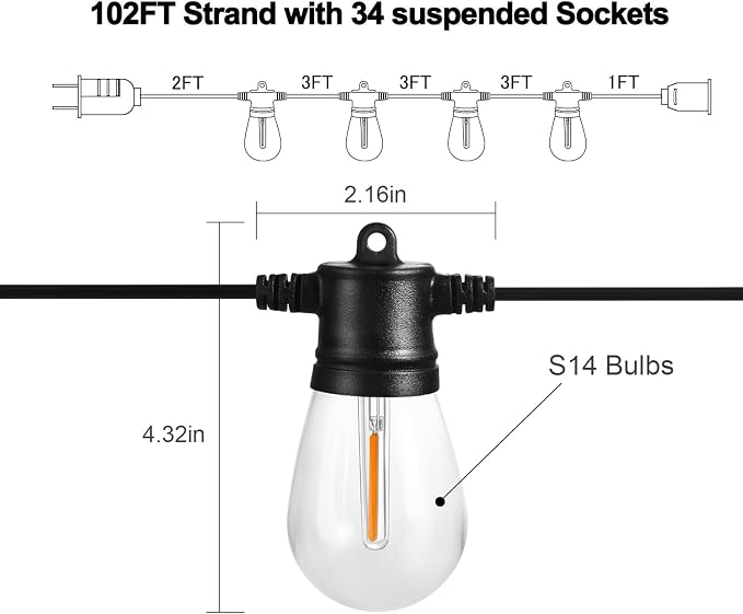 102FT Outdoor String Lights, Waterproof Patio Lights with 35 Shatterproof LED Bulb Hanging Light String, Black String Light Vintage Party Lights for Garden, Backyard, Porch, Cafe, Deck, Wedding